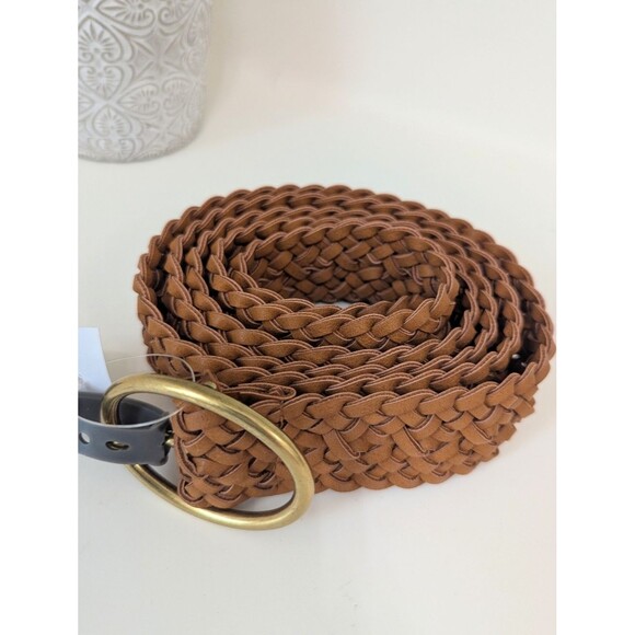 Lane Bryant Woven Tan Leather-Feel Belt with Gold O-Ring Buckle NWT